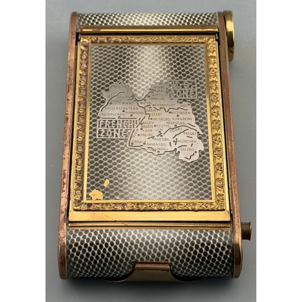 Vintage Compact WW II Silver Map Overlay US and French Zones READ 4"